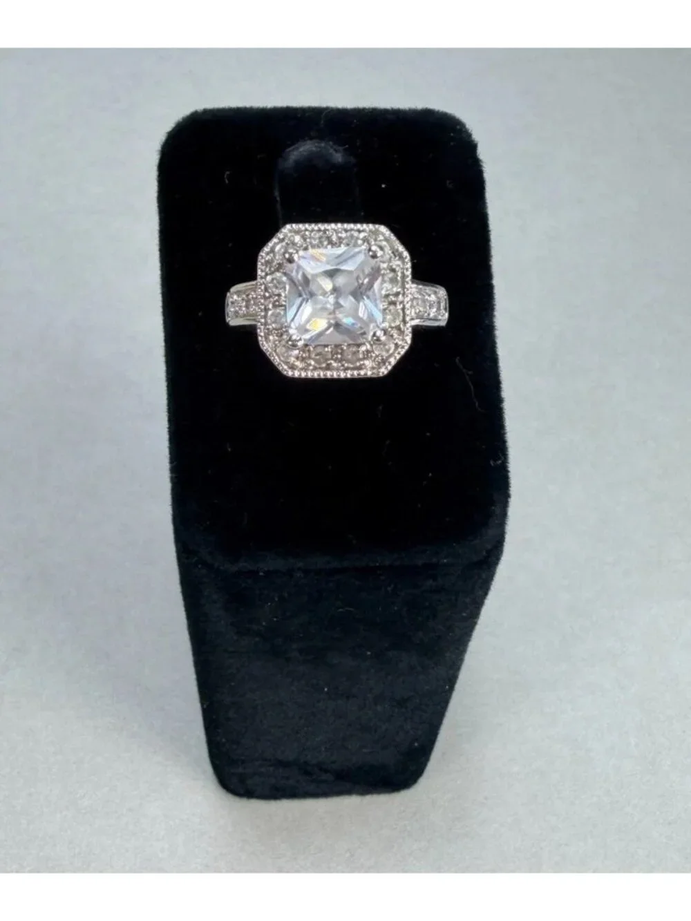 Princess Cut Halo CZ Engagement Style Ring Silver Tone Size 7 Sparkling